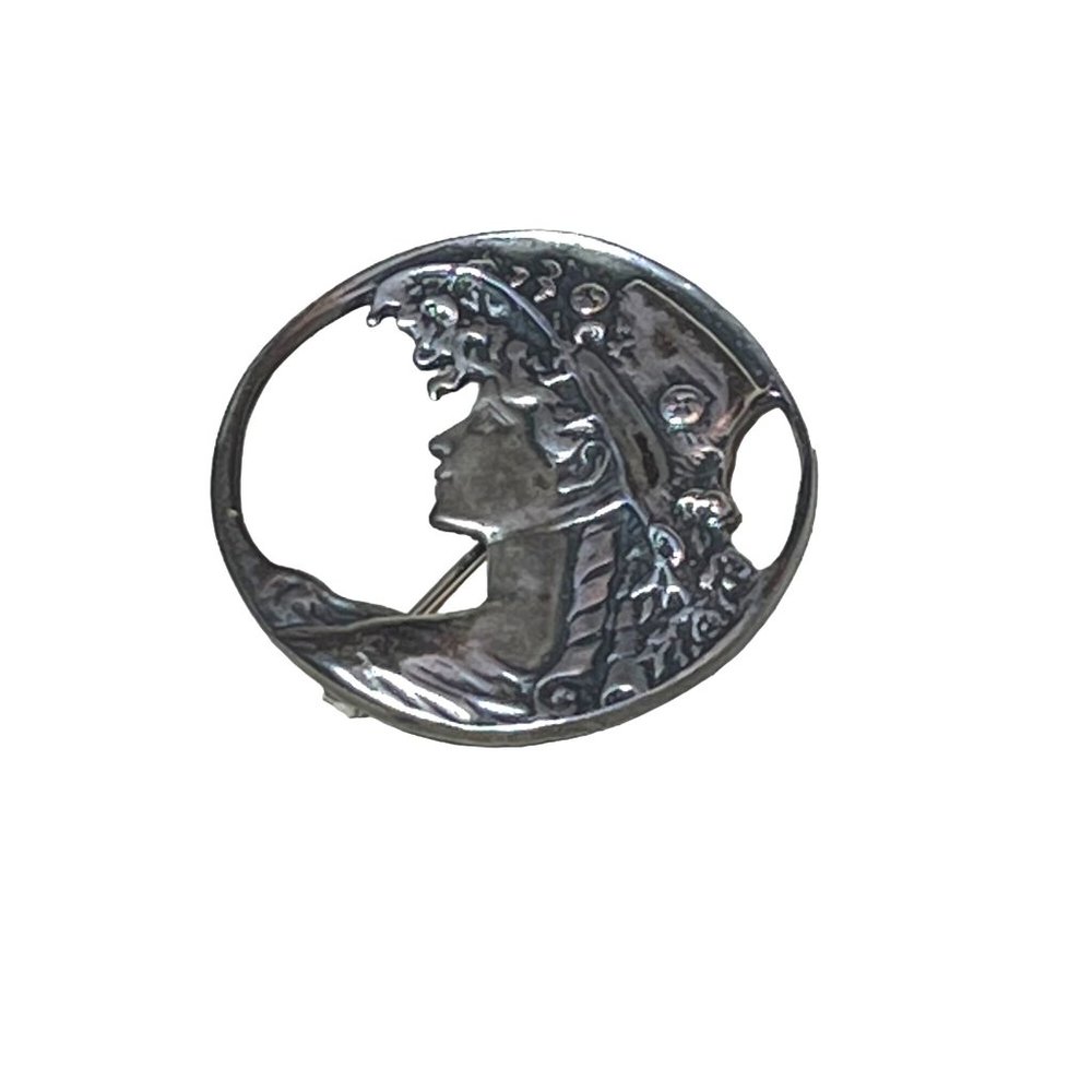 Vintage Sterling Silver Art Nouveau Lady in Hat Profile Brooch